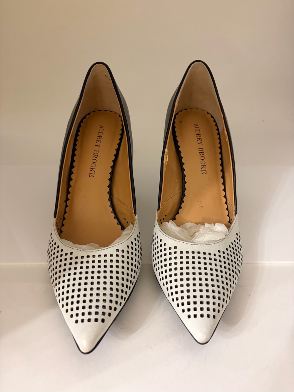 Audrey Brooke White Perforated Pointed-Toe Pumps with Black Trim